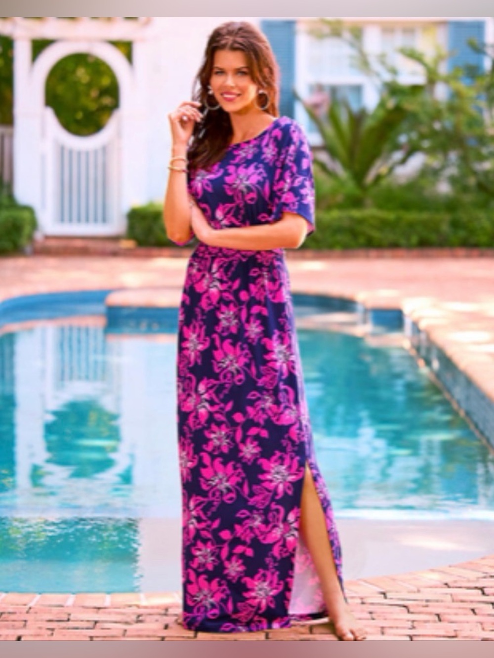 Lilly Pulitzer Pink Floral Maxi Dress in Navy.  Size M.  NWT.